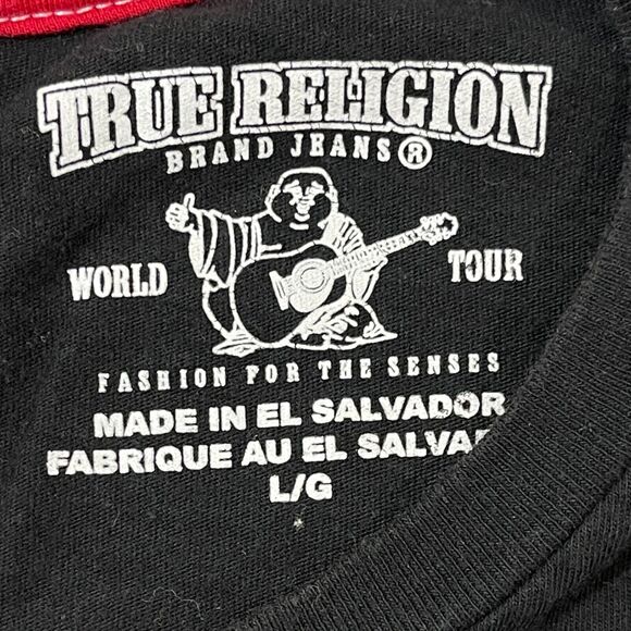 True Religion Shirt Mens Size Large L Black Red Short Sleeve T Tee Pullover Flaw - Picture 3 of 11